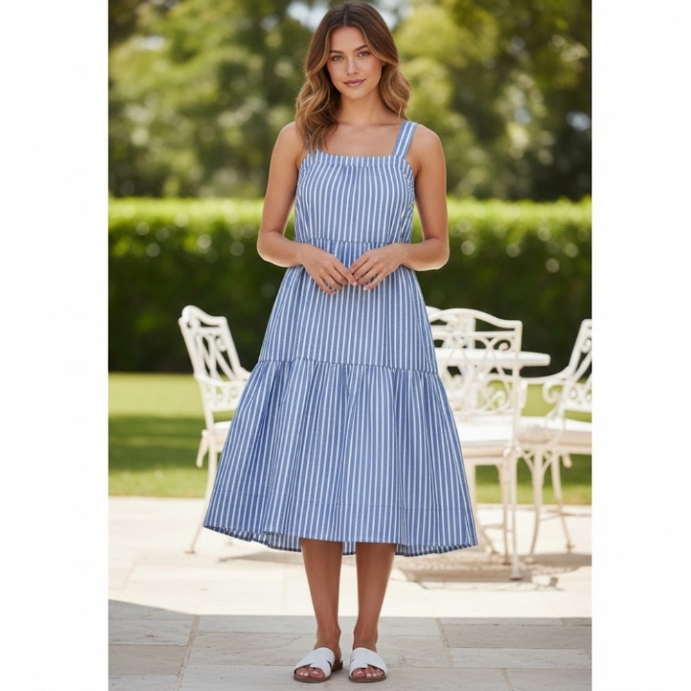 Pact Blue and White Striped Midi Dress